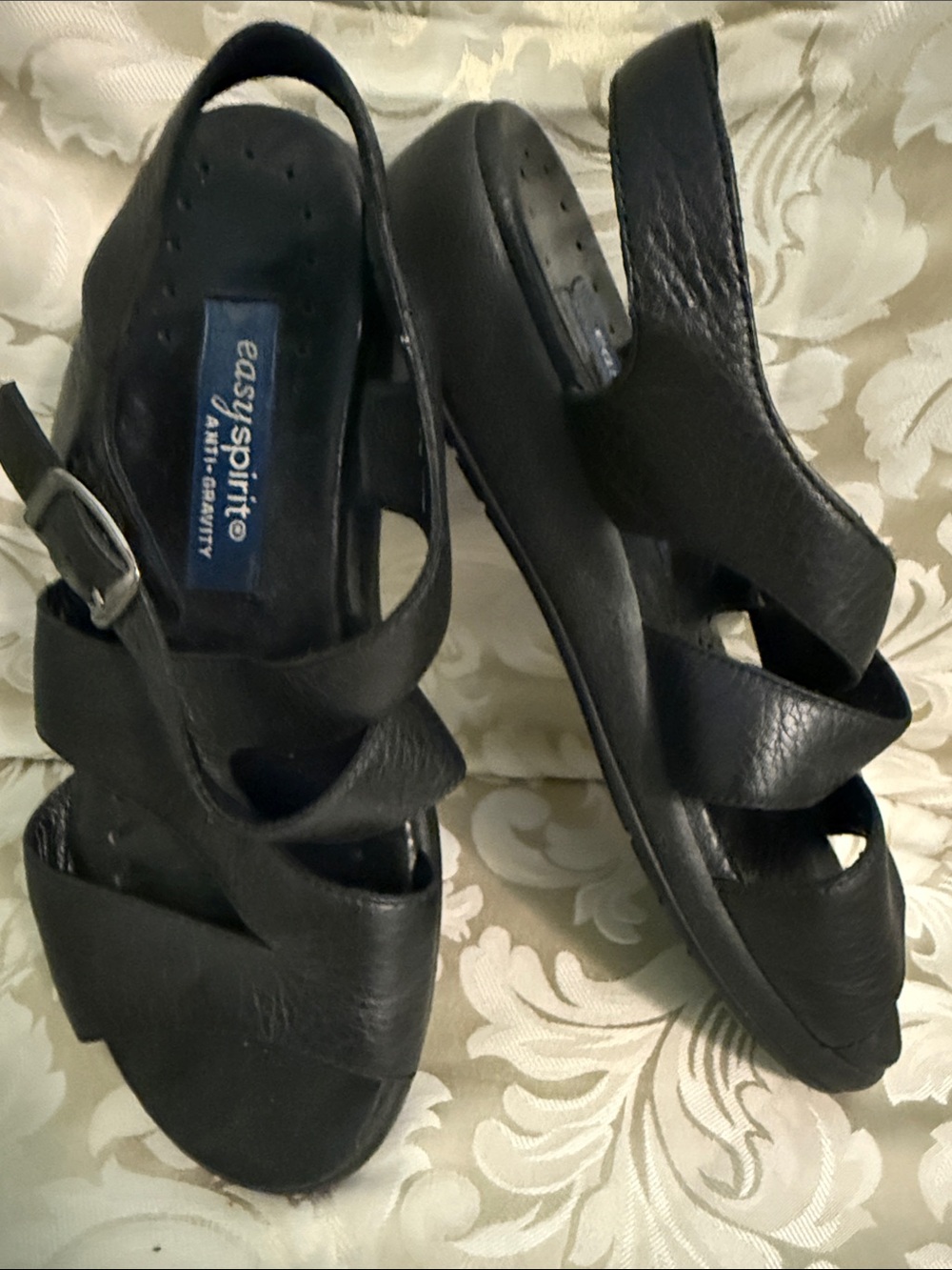 Easy Spirit Black Leather Cross-Strap Slingback Sandals